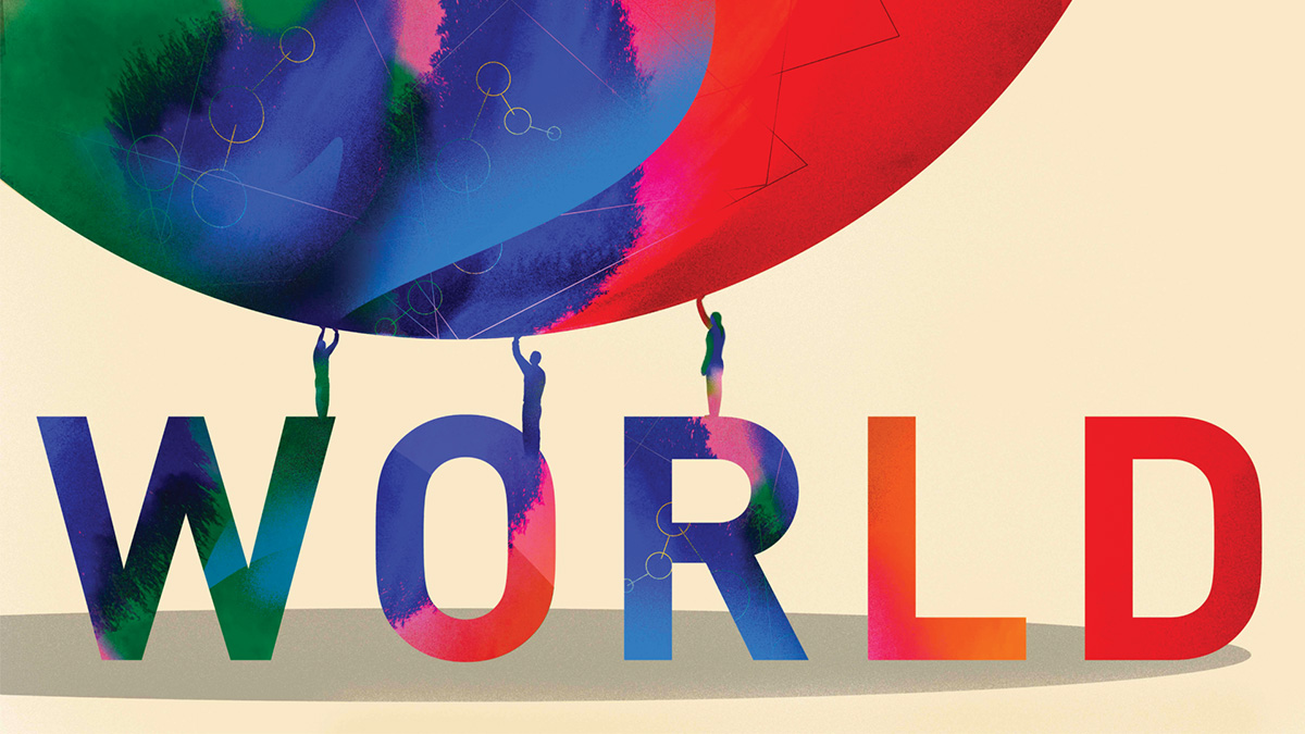 Artwork from the Summer 2022 edition of Drexel Magazine Multicolored figures holding up a multicolored globe standing atop the word 'world' in all capital letters